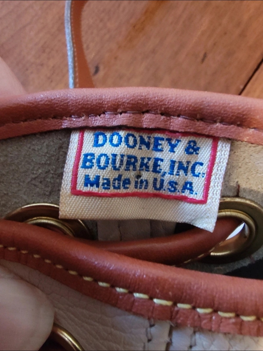Dooney & Bourke White and Brown Leather Drawstring Bucket Bag - Picture 3 of 8